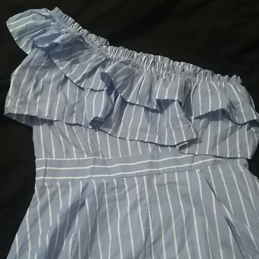 One shoulder blue striped dress